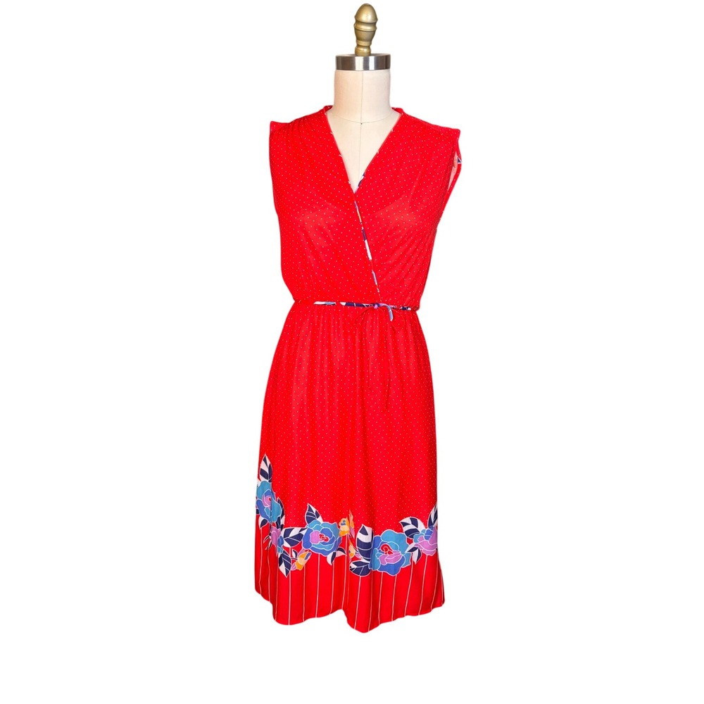 Vintage Hawaiian Polka Dot Floral Print Wrap Style Midi 80s Dress Red Small